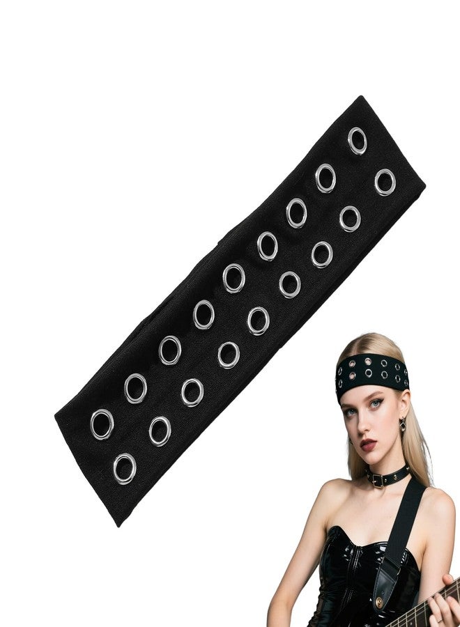 CZMZHFC Grommet Headband,Women Hollow Out Eyelets Elastic Hairband,Punk Style Rivets Headbands,Y2K Grunge Fashion Wide Head band,Stretchy Casual Hair Accessories for Women (Black, StyleB) - Image 1
